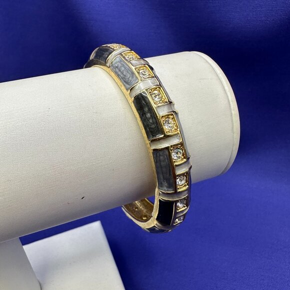 Grey Enamel and Rhinestone Hinged Gold-Tone Bangle Bracelet - Picture 1 of 15